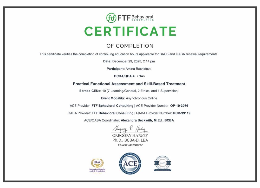 Сертификат FTF Behavioral Consulting — Practical Functional Assessment and Skill-Based Treatment
