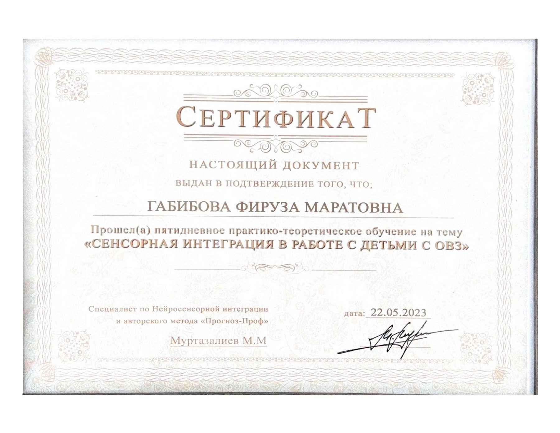 Сертификат — сенсорная интеграция в работе с детьми с ОВЗ