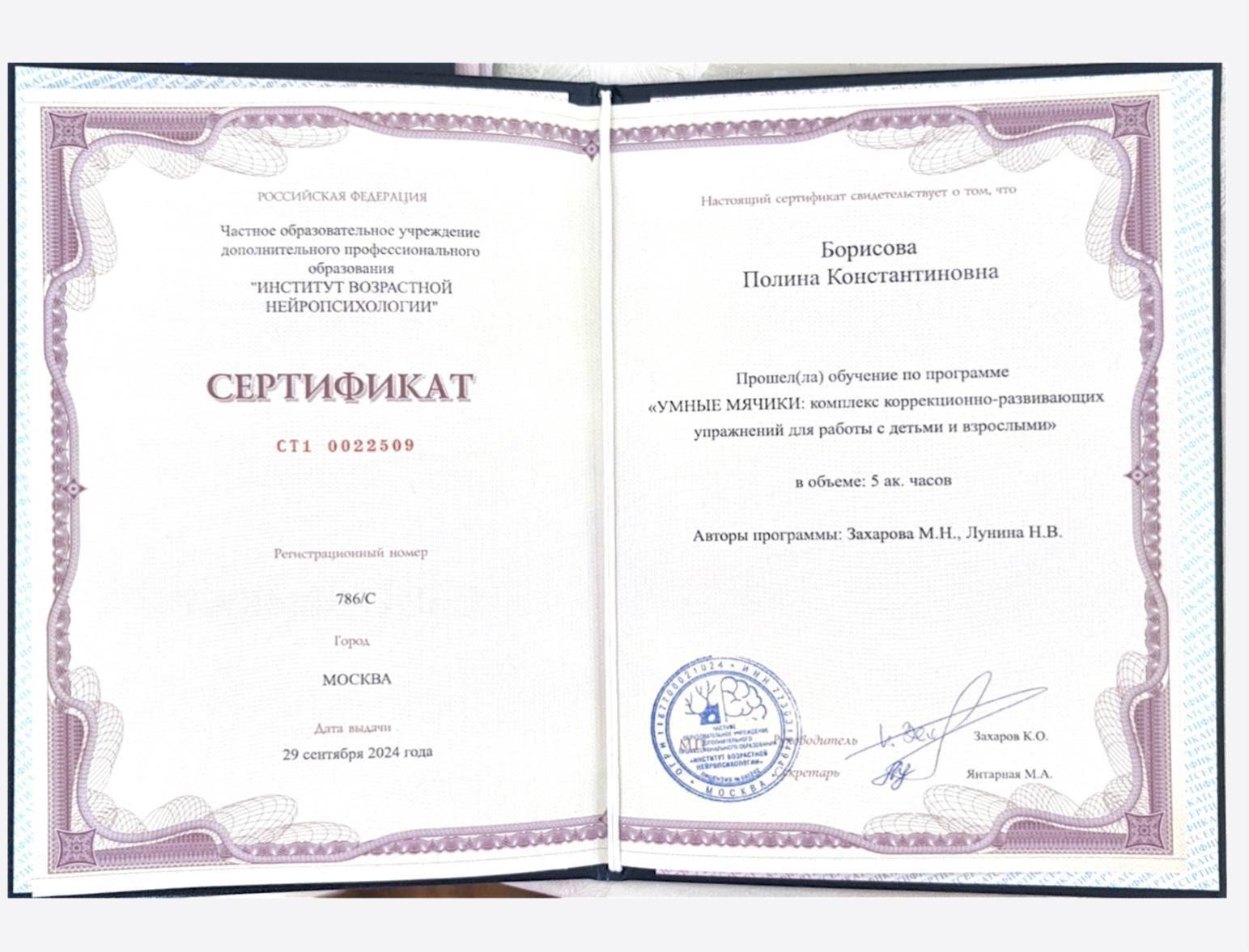 Сертификат — умные мячики, комплекс коррекционно-развивающих упражнений