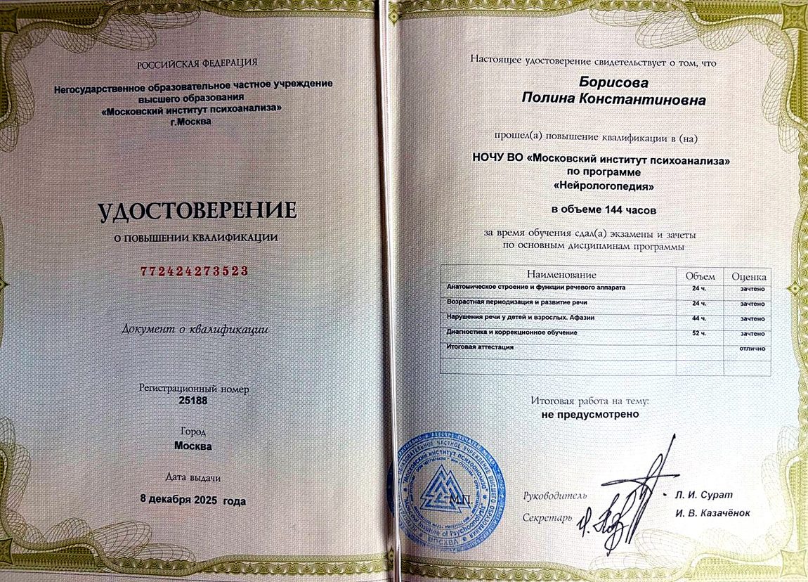 Удостоверение о повышении квалификации — нейрологопедия