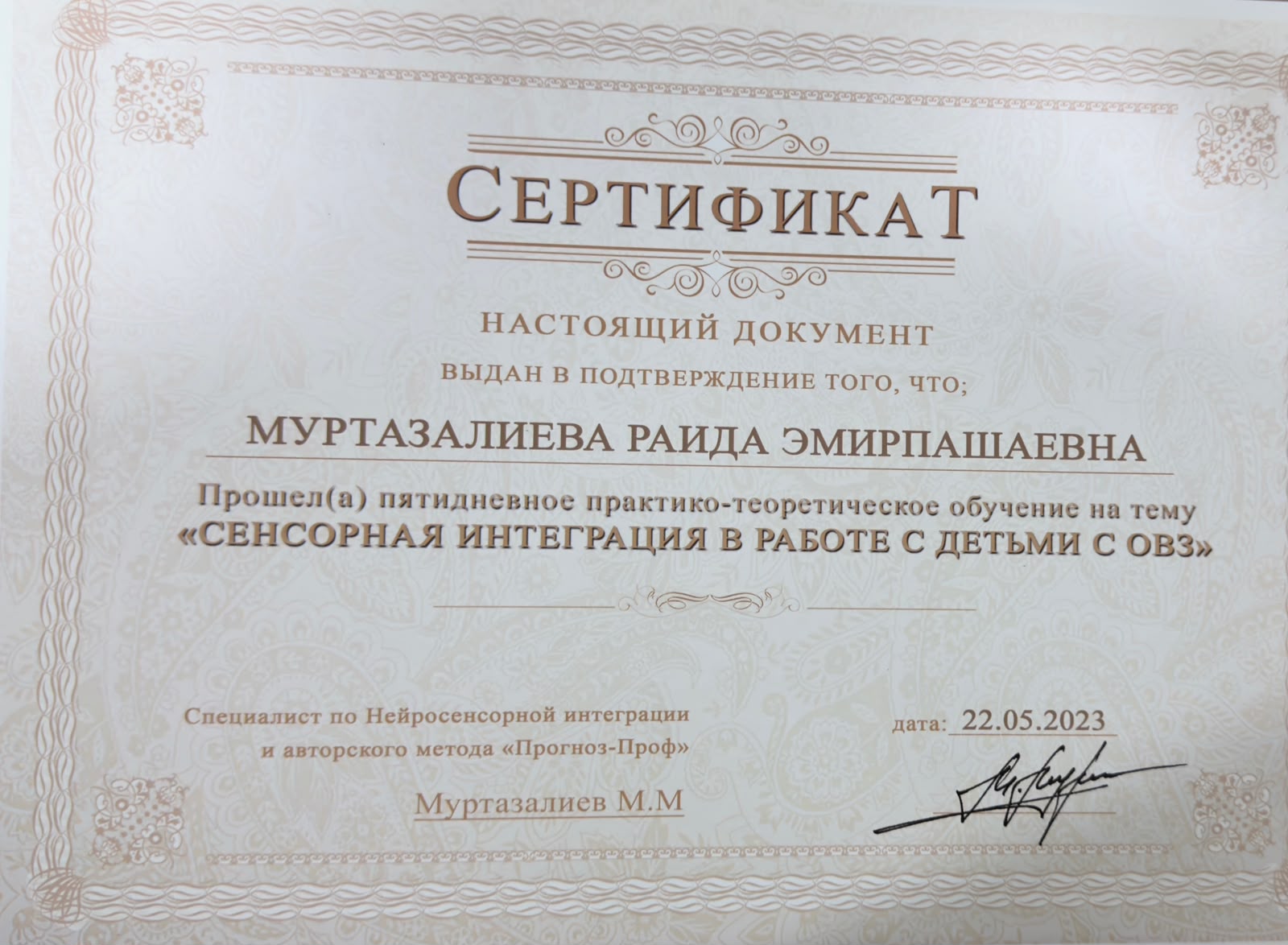 Сертификат — сенсорная интеграция в работе с детьми с ОВЗ